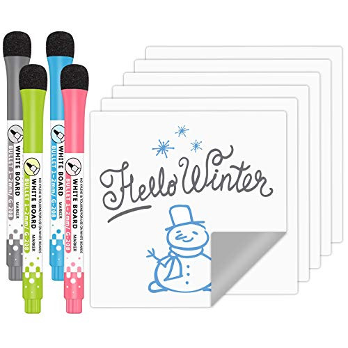 Reusable Dry Erase Sticky Notes 6 Pack Whiteboard Stickers 4x4 Dry Erase Board Small Paper Sheets DIY Dry Erase Paper Film with 4 Magnetic Fine Tip Markers with Erasers for Office Classroom Home