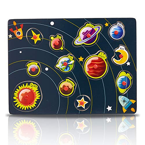 Wooden Peg Puzzle Planets Theme - Learning Educational Pegged Puzzle for Toddler   Kids 12 pcs Gleeporte