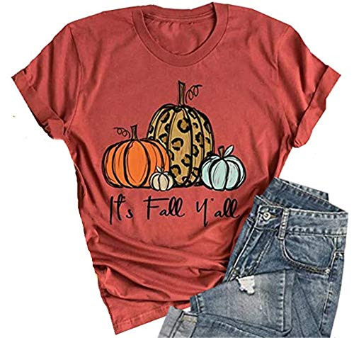 Its Fall Yall Shirt Women Halloween Thanksgiving T-Shirt Funny Pumpkin Short Sleeve Letter Top Graphic Tees Red M