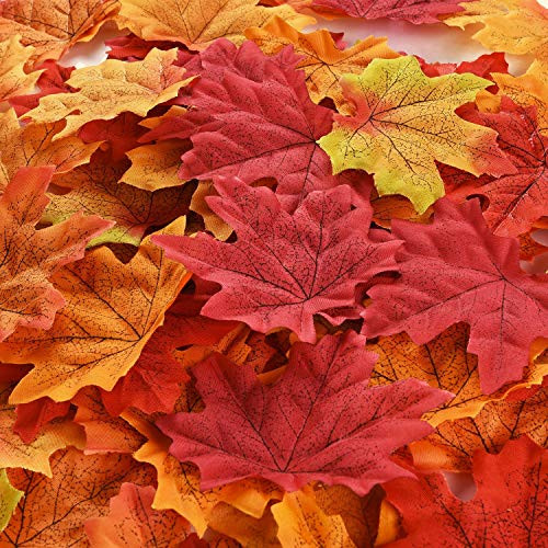 Jasmey 400Pcs Artificial Maple Leaves Assorted Mixed Fall Maple Leaves Autumn Leaves Confetti for Weddings Fall Decor Party Thanksgiving Day Decorations