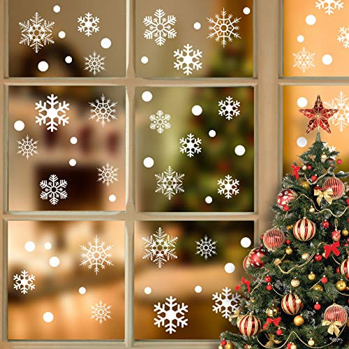 Christmas Snowflake Window Clings LEMESO 310 Pcs 10 Sheets Xmas Snowflakes Window Clings Decals Winter Wonderland Decorations Ornaments White Dots Glass Window Decorations Winter Holiday Party Decors