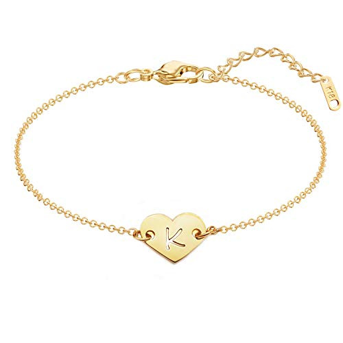 Heart Initial Bracelet 18K Gold Plated Stainless Steel Lovely Heart Charm Bracelet Dainty Small Letter K Bracelet Personalized Monogram Name Bracelet for Women Girls