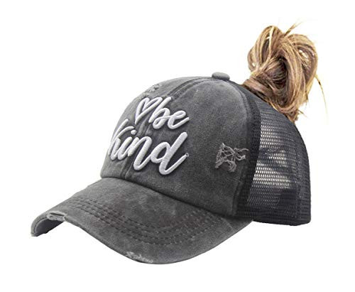 MANMESH HATT Be Kind Criss Cross Ponytail Hat Vintage Washed Distressed Baseball Dad Cap for Women Criss Cross Be Kind Black One Size