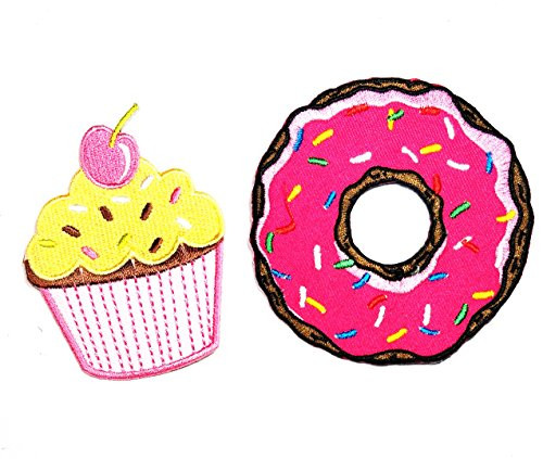 HHO Set 2 Pcs Cute Donut and Cupcake Delicious Cartoon Patch Iron On Sew On Cartoon Logo Iron on sew on Patch Sign Badge Symbol Patch Iron on Applique Embroidered Jacket T Shirt Costume