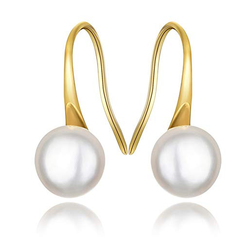 Pearl Earrings Dangle14K Yellow Gold Hoop Handpicked Earrings Stud Quality White Freshwater Cultured Pearl Dangle Drop Earrings for Women Adult Girlfriend Gift