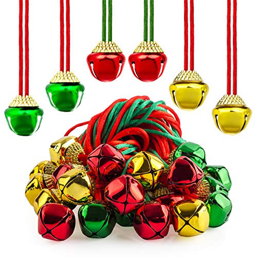 ELTNEGSA Jingle Bells Christmas Bell Necklaces Christmas Holiday Necklaces for Craft Holiday Party SuppliesThree Colors of Gold Red and Green 24 Pieces