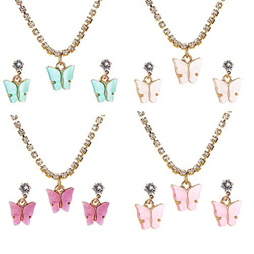 yfstyle 4Pairs  12Pairs Butterfly Necklace and Butterfly Hoop Drop Earrings Set Adjustable Butterfly Rhinestone Necklace Acrylic Butterfly Stud Earrings for Women Girls-A