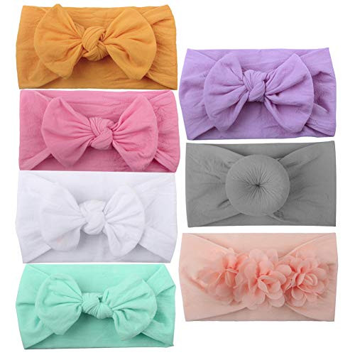 7pc Knot Bow Baby Headbands Nylon Baby Girls Head Wrap Hairbands Turban Newborn Infant Stretchy Headband Hair Accessories 7PC Set A