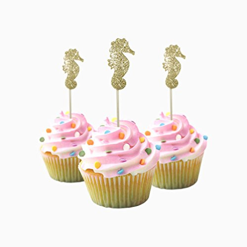 Sea horse mermaid Cupcake Topper 12 Pack Cupcake Topper Decoration Cake Color Gold Glitter Foamy