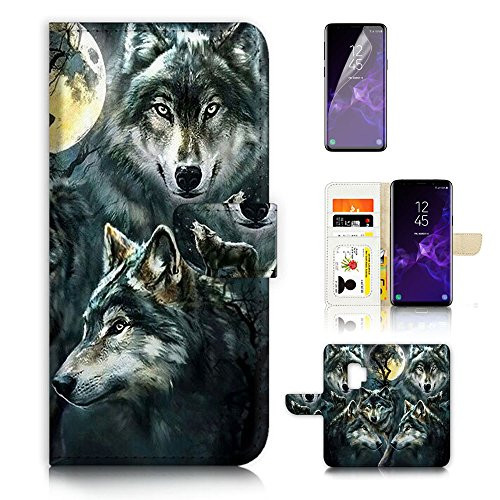 for Samsung S9  Galaxy S9 Plus Flip Wallet Style Case Cover Shock Protection Design with Screen Protector - B31043 Night Wolf