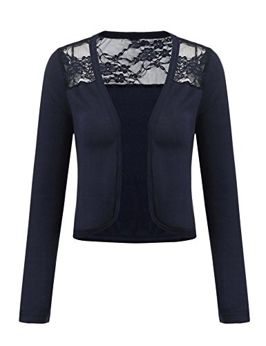 Grabsa Womens Long Sleeve Bolero Shrug Lace Cropped Open Front Cardigan Blazer Blue M