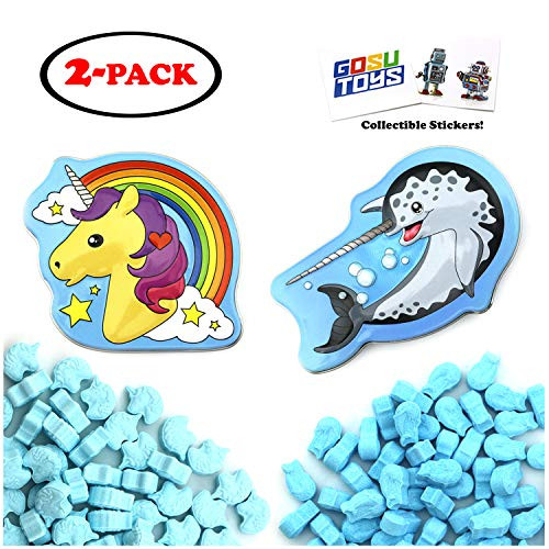 Rainbow Unicorn and Narwhal Unicorn of the Sea Tin Candy 2 Pack Marshmallow Berry Flavors Gift Stuffer with 2 GosuToys Stickers