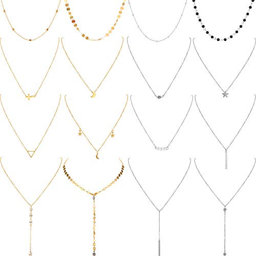 16 Pieces Layered Choker Necklace Adjustable Pendant Necklace Moon Sequins Choker Multilayer Chain Necklace Set for Women Girls Gold and Silver 16 Pieces Layered Choker Necklace Adjustable Pendant Necklace Moon Sequins Choker Multilayer Chain Necklace Set for Women Girls Gold and Silver