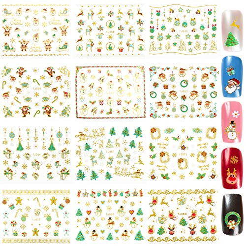 12 Sheets Christmas Nail Stickers - 3D Metal Design Self-adhesive Nail Decals Snowflakes Snowman Santa Xmas Tree Nail Art Stickers DIY Decoration