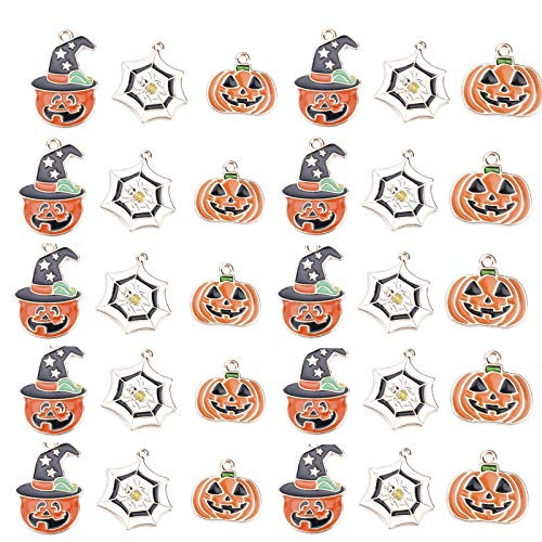 30 Pieces Halloween Assorted Gold Plated Enamel Charms Pendant Pumpkin Spider Web Charms Pendant for DIY Bracelet Necklace Pendant Craft DIY Jewelry Making