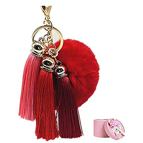 King Pig Women Tassel Pom Pom Charm Car Key Ring Handbag Pendant Fur Ball Keychain Fur Plush Key Chian POM POM Keychain red
