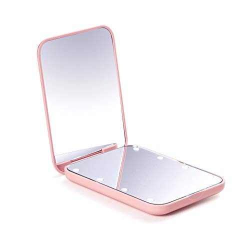 Travel Mirror Portable LED Lighted Makeup Mirror- Small Compact Mirror for Pocket Folding Mini Compact Travel Mirror 1X   2X Magnification Pink