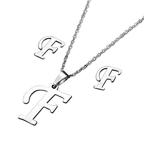TGLS Silver Plated A to Z Initial F Necklace Earrings Set Alphabet Monogram Capital Letter Stud Earrings Stainless Steel Personalized Name Letter Pendant for Women Girls Jewelry F