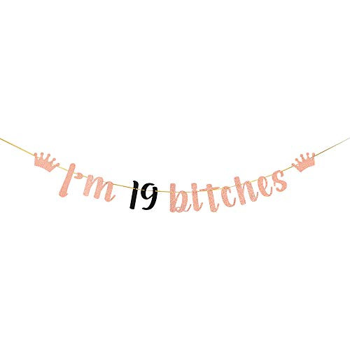 Rose Gold Glitter Im 19 Bitches Banner - Happy 19th Birthday Banner - Girls 19th Birthday Party Decorations - Nineteen Years Old Birthday Banner