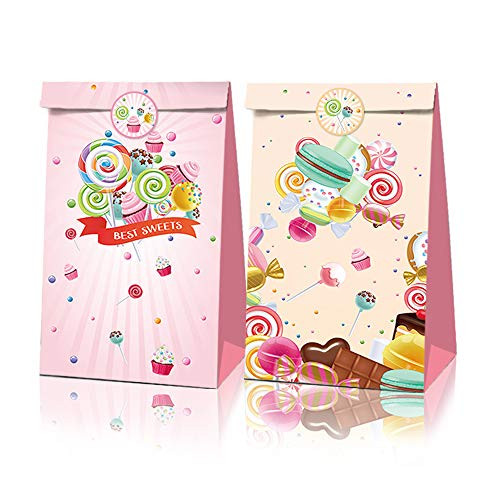 Candyland Party Favor Bags 12 Pack - Lollipop Paper Gift Bags Goodies Candy Bags Kraft Treat Paper Bags with Stickers for Sweet Candy Theme Kids Birthday Wedding Baby Shower Party Supplies Decoration