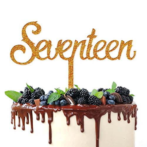 AERZETIX Happy 17th Birthday Cake Topper Acrylic Gold Giltter Seventeen Cake Decor 17 Years Old Birthday Anniversary Party Decorations Supplies