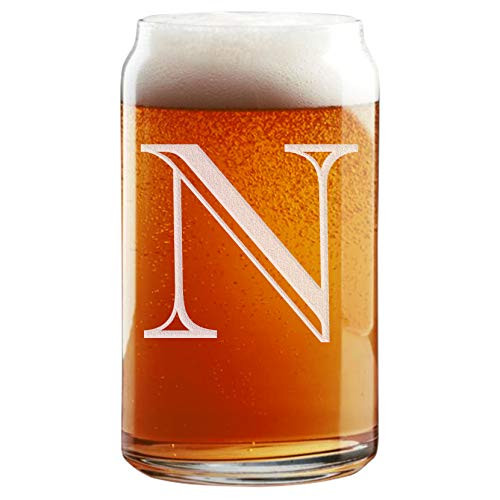 Etched Monogram 16oz Can Glass for Soda or Beer Letter N