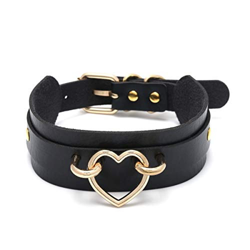 HENGYID Gothic Jewelry - PU Leather Choker Collar Punk Gothic Choker Necklace for Women - Heart-Shaped Punk Rock Adjustable Black Collar Choker Cosplayer Gold Heart HENGYID Gothic Jewelry - PU Leather Choker Collar Punk Gothic Choker Necklace for Women - Heart-Shaped Punk Rock Adjustable Black Collar Choker Cosplayer Gold Heart
