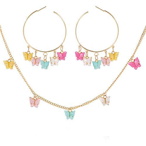 Nanafast Acrylic Butterfly Necklace Earrings Set Adjustable Butterfly Chain Necklace Charm Hoop Earrings Butterfly Jewelry for Women Girls Birthday Mothers Day Christmas Gifts Acrylic