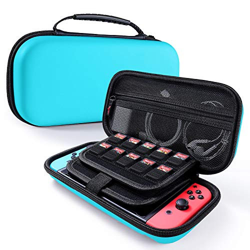 ECASA Travel Carrying Case for Nintendo Switch Upgraded Sturdiest Handle Anti-Shock Protective EVA Hard Shell Case Fits AC Adapter 20 Game Cartridges and Console - Blue