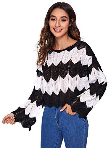 Verdusa Womens Colorblock Knitted Long Sleeve Pullover Top Sweater Black and White L