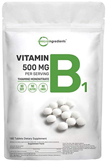 Micro Ingredients Vitamin B1 Thiamine Supplements 500mg Per Serving 180 Tablets Promote Energy Production and Nervous System Health No GMOs No Soy