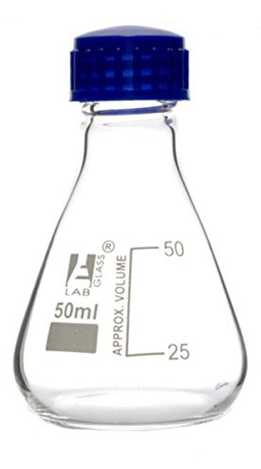 Erlenmeyer Flask 50ml - Borosilicate Glass - with PTFE Screw Cap - Conical Shape - White Graduations - Eisco Labs Erlenmeyer Flask 50ml - Borosilicate Glass - with PTFE Screw Cap - Conical Shape - White Graduations - Eisco Labs