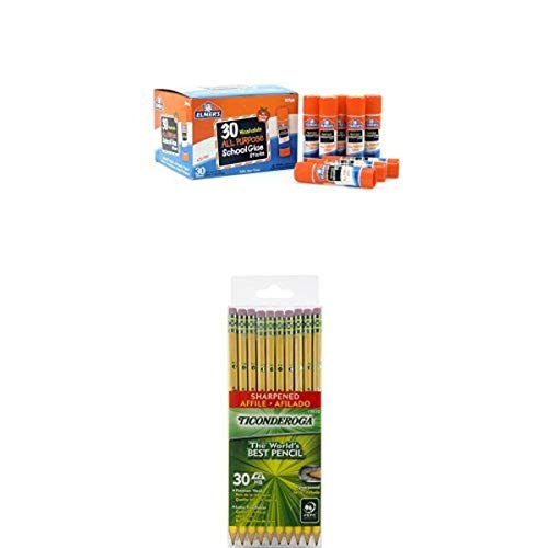 Elmers All Purpose School Glue Sticks Washable 30 Pack 0_24-ounce sticks and Dixon Ticonderoga Wood-Cased 2HB Pencils Pre-Sharpened Box of 30 Yellow 13830 Bundle