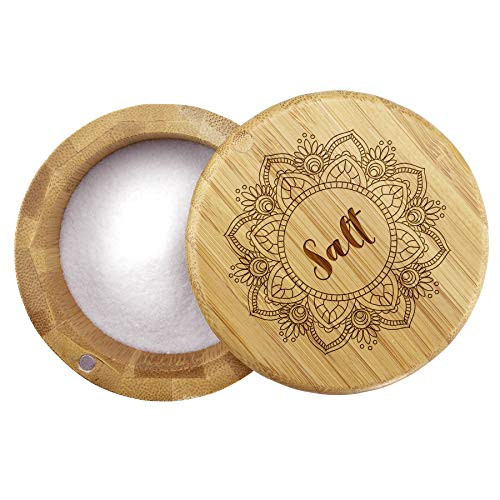 Totally Bamboo Salt Box Bamboo Storage Box with Magnetic Swivel Lid Mandala Flower Engraved on Lid