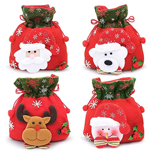 4 Pack Christmas Candy Bags Treat Bags for Gifts Drawstring Bag? 3D Design Fabric Xmas Present Bags Party Favors - Snowman Santa Claus Bear and Elk