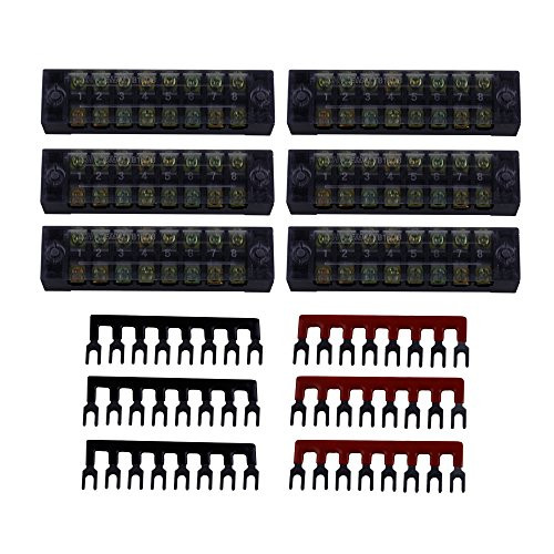 Eowpower 6Pcs 600V 15A Dual Row 8 Position Screw Terminal Strip and 6Pcs 400V 15A 8 Position BlackRed Pre Insulated Terminal Barrier Strip