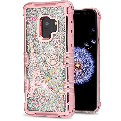 MyBat Cell Phone Case for Samsung Galaxy S9 - Rose Gold Eiffel Tower/Silver Sparkles