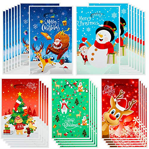 100 Pieces Christmas Plastic Bags Christmas Party Favor Bags Snowman Elk Santa Christmas Tree Treat Bags Candy Bags Goody Bags Christmas Trick or Treat Bag for Christmas Party Favor