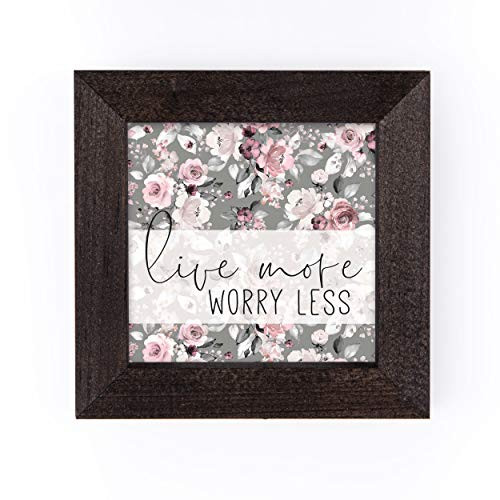 P_ Graham Dunn Live More Worry Less Grey Floral 5 x 5 Pine Wood Stormy Framed Art Sign