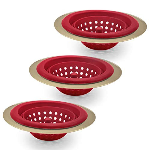 COOK with COLOR Set of 3 Sink Strainers Flexible Silicone Kitchen Sink Drainers Traps Food Debris and Prevents Clogs Large Wide 4_5 Diameter Rim  Red and Gold