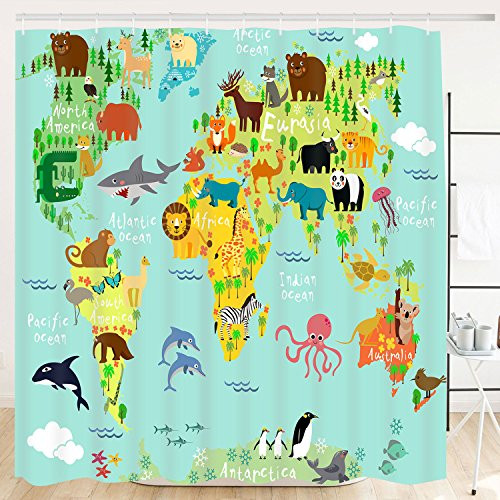 Sunmner Bathroom Shower Curtain Bathroom Curtain Durable Bath Curtain Bathroom Accessories Ideas Kitchen Window Curtain (Zoo Map, 70"×69")