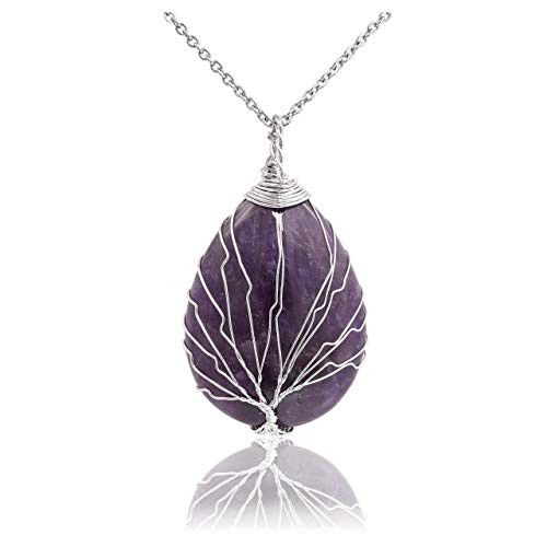 Top Plaza Natural Healing Crystals Amethyst Teardrop Gemstone Necklace Tree of Life Silver Copper Wire Wrapped Pendant Necklaces Reiki Quartz Jewelry for Womens Top Plaza Natural Healing Crystals Amethyst Teardrop Gemstone Necklace Tree of Life Silver Copper Wire Wrapped Pendant Necklaces Reiki Quartz Jewelry for Womens