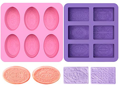 Acerich 2 Pack 6-Cavity Silicone Soap Molds Rectangle   Oval Soap Making Molds for Pudding Muffin Loaf Brownie Cornbread and Cheesecake Pink Purple