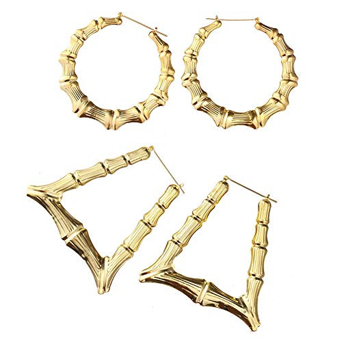 Hip-Hop Oversized Triangle   Circle Bamboo Hoop Earrings Pack of 2