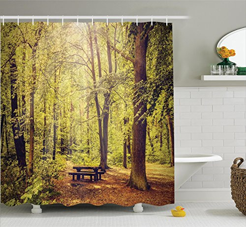 Ambesonne Farm House Decor Shower Curtain Set, Picnic Table in The Forest Foliage Green Decor Nature Theme Summer and Winter Theme, Bathroom Accessories, 84 Inches Extralong, Green Brown