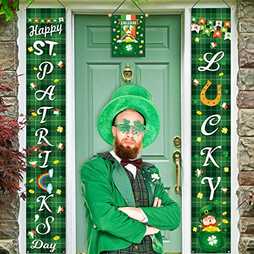 Whaline St_ Patricks Day Porch Sign Happy St_ Patricks Day and Lucky Hanging Banners Irish Door Banners for Home Garden Indoor Outdoor Porch Wall Decoration Green Plaid