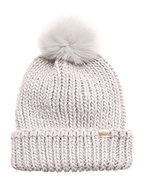 MIRMARU Womens Winter Solid Ribbed Knitted Beanie Hat with Faux Fur Pom Pom Light Grey
