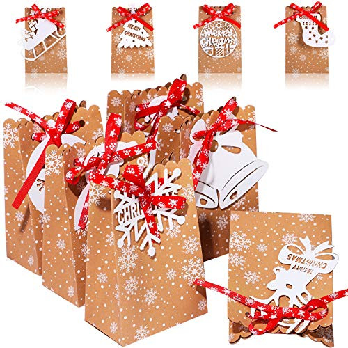 10 Pieces Christmas Kraft Paper Present Bags Assorted Christmas Bags Christmas Goodies Bags Xmas Candy Party Favor Bags with Xmas Figures Tag for Christmas Party Supplies