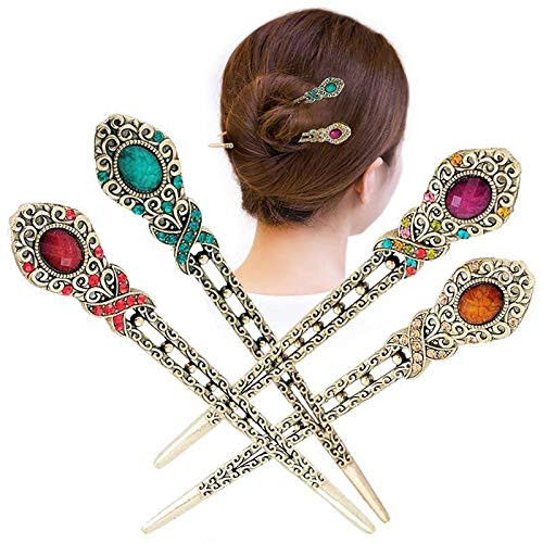 4 Pcs Chinese Vintage Rhinestone Hair Chopsticks Hair Clip Chignon Pin Hair Decor flower Hairpin Metal Hair Stick for Women