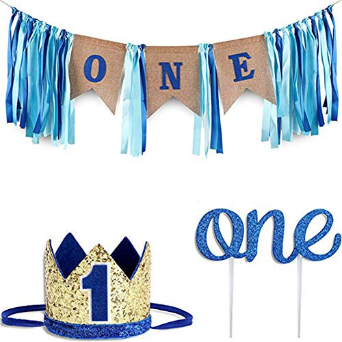 1st Birthday Boy Decorations with Burlap Highchair Banner Cake Topper and Blue Hat Crown for First Birthday Party Supplies